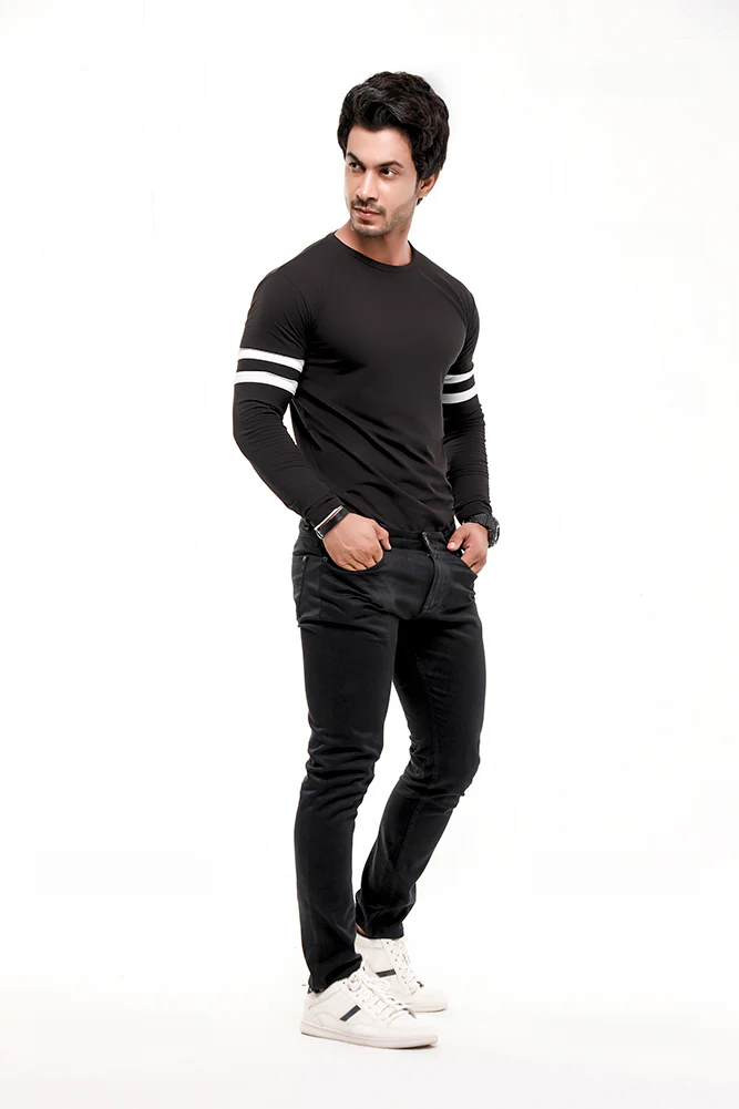 Black Contrast Full Sleeve Stripe T-Shirt - Image 3