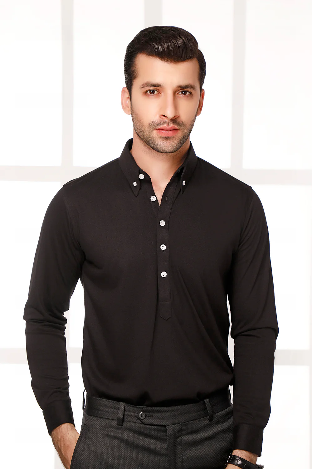 Black High Collar Mid Placket Shirt - Image 4