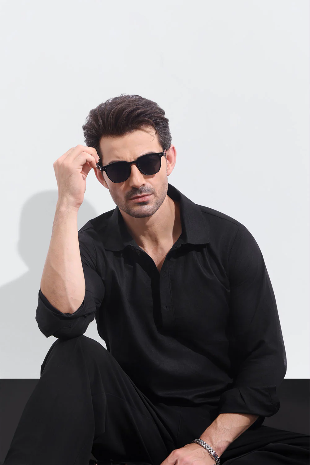 Black Linen Half Placket Shirt - Image 3