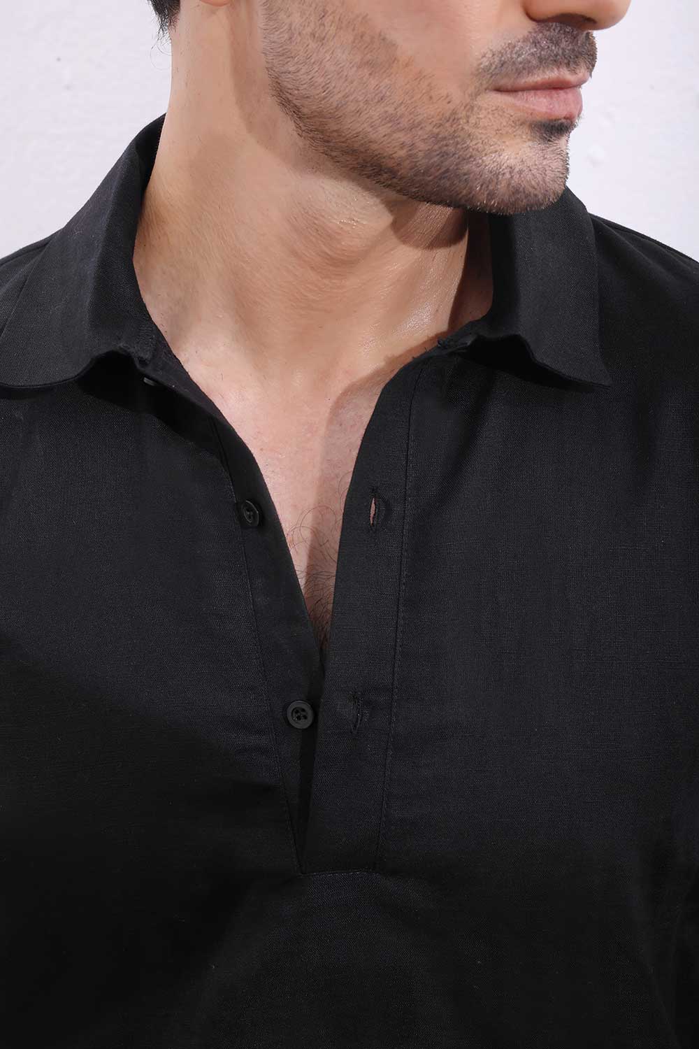 Black Linen Half Placket Shirt - Image 4