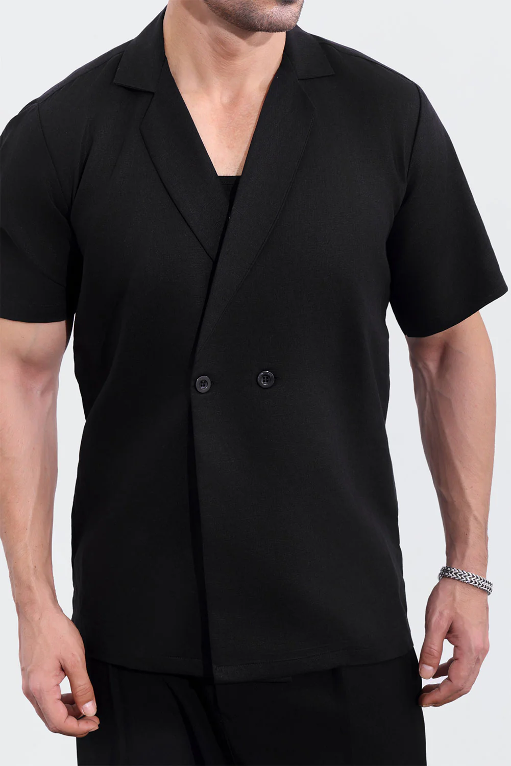 Black Linen Short Sleeve Double Breasted shirt - Image 4