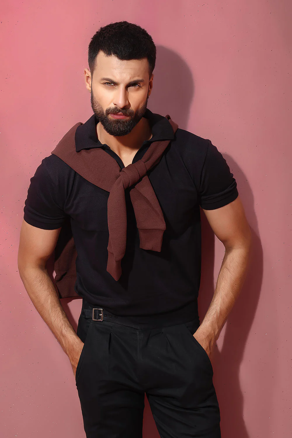 Black Open Collar Structured Pique Polo Shirt - Image 4