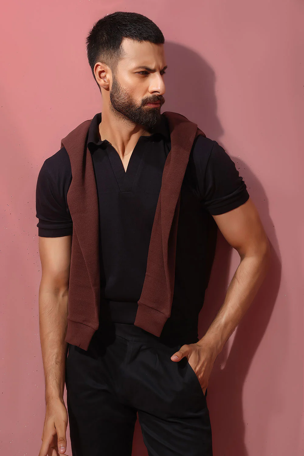 Black Open Collar Structured Pique Polo Shirt - Image 5