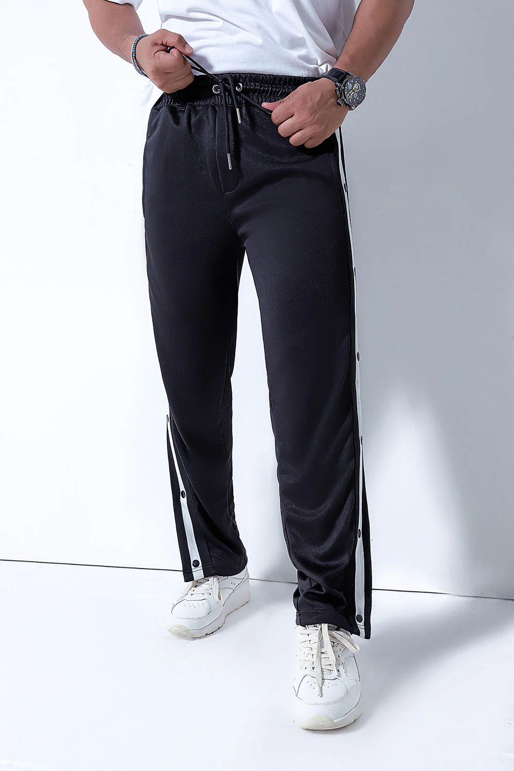 Black Side Tape Popper Tricot Joggers - Image 4