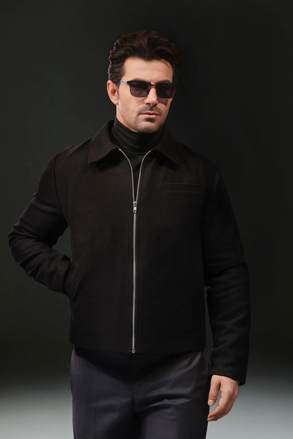 Black Wool Cropped Fit Zipper Jacket - Image 4