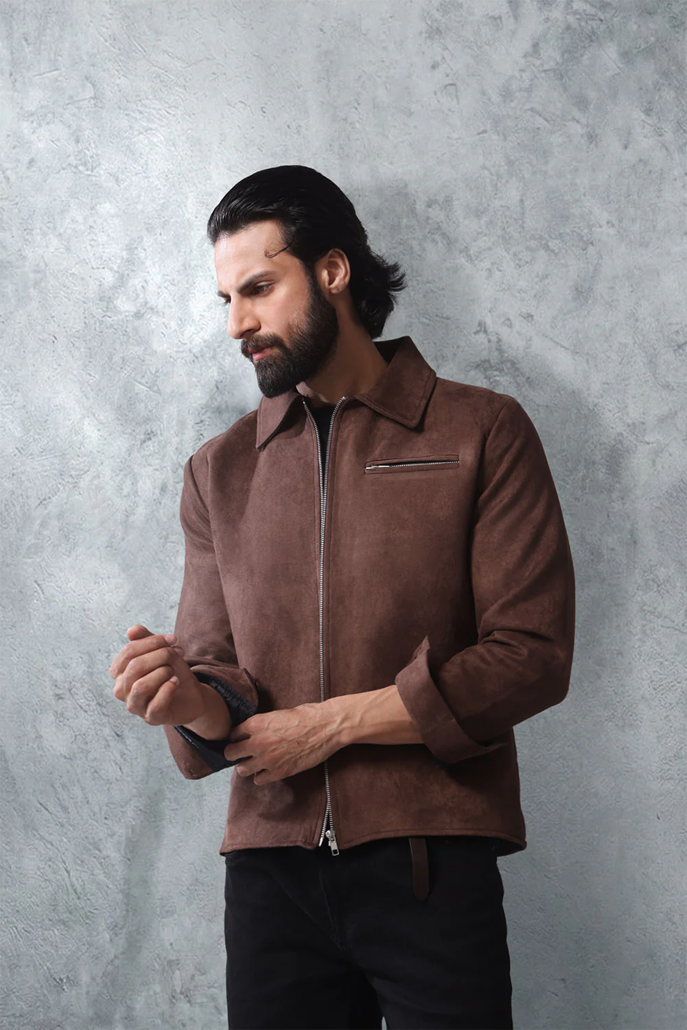 Brown Suede Zip Through Collared Shacket - Image 3