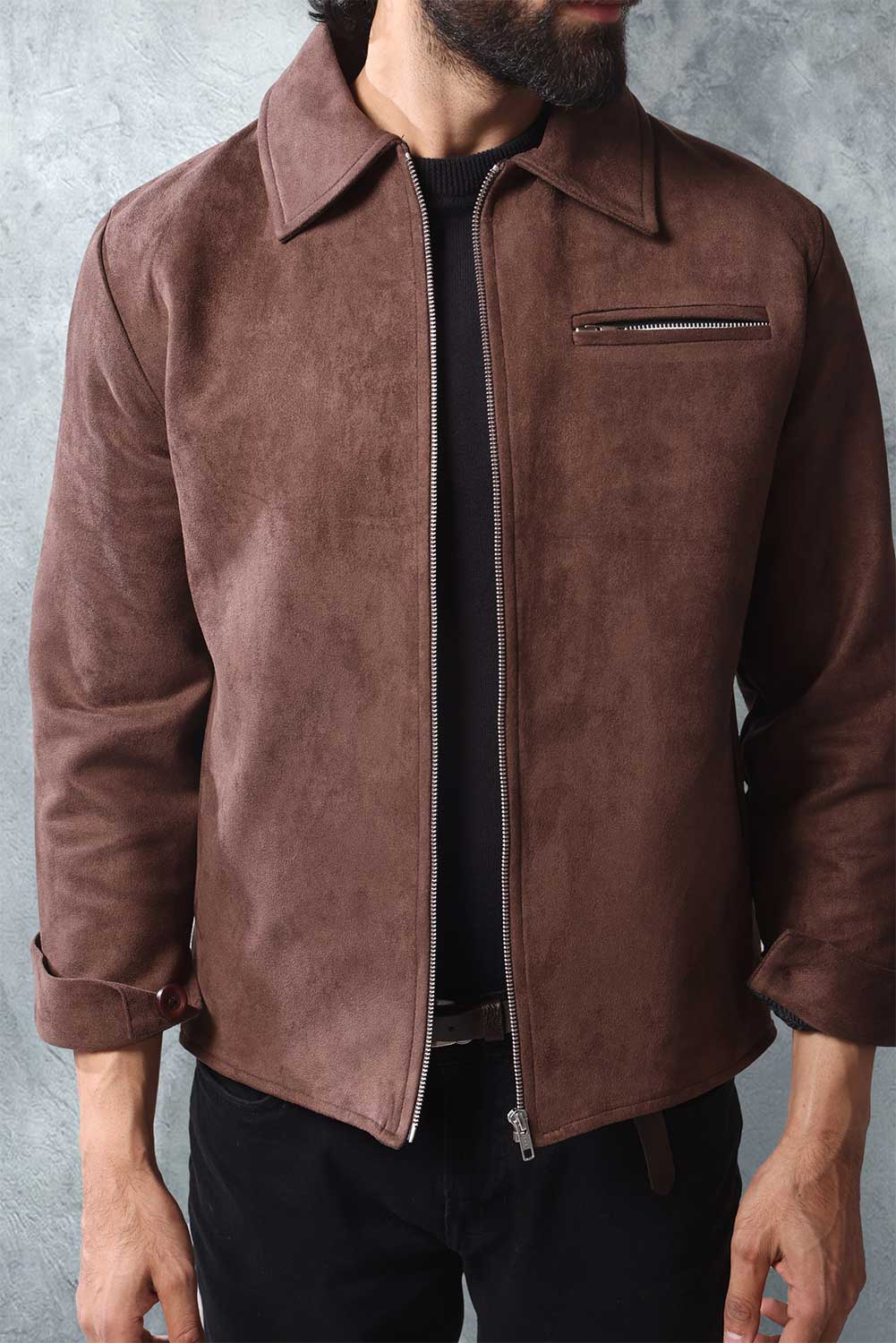 Brown Suede Zip Through Collared Shacket - Image 4
