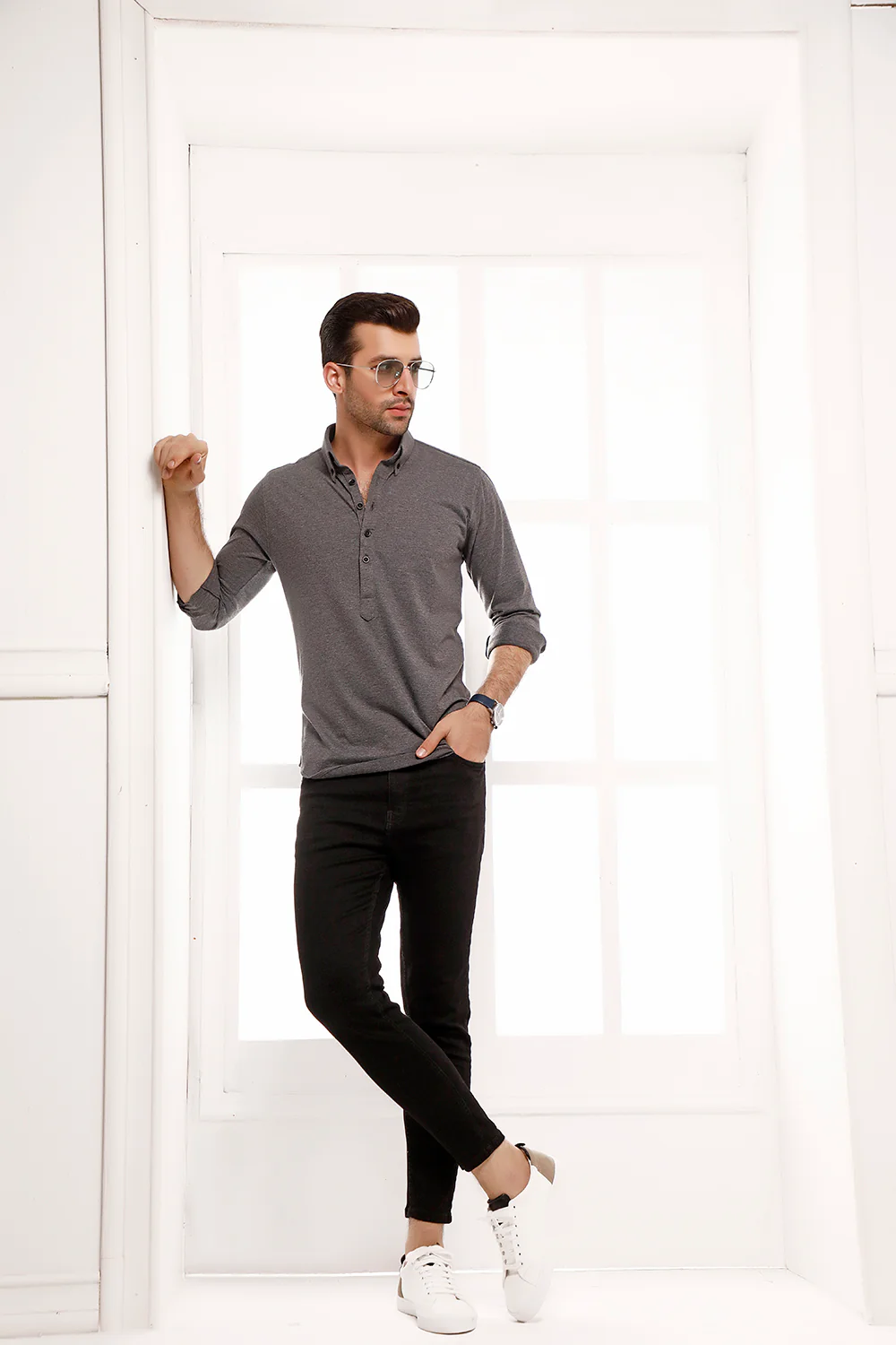 Charcoal High Collar Mid Placket Shirt - Image 3