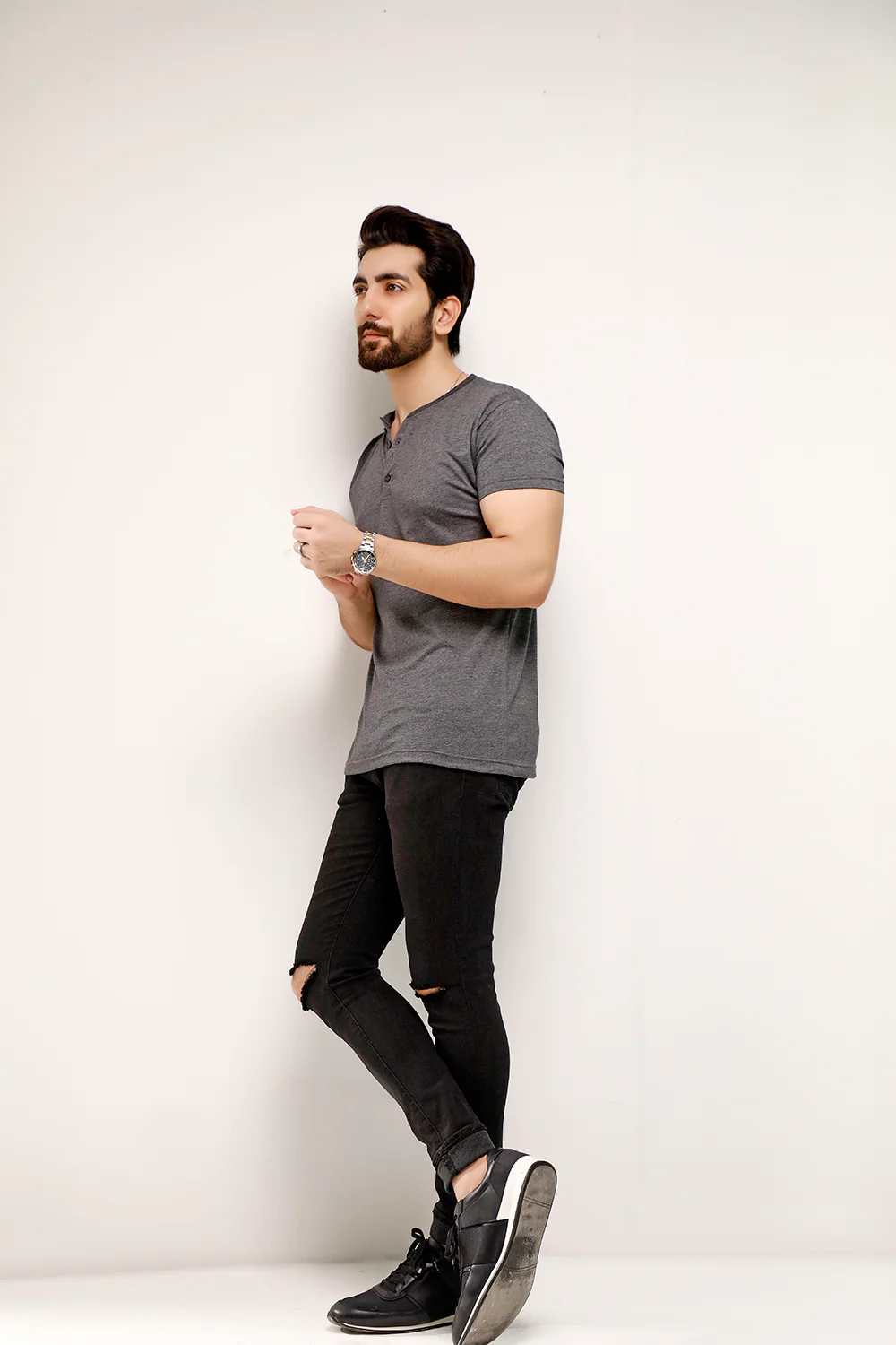 Charcoal Half Sleeves Henley - Image 3
