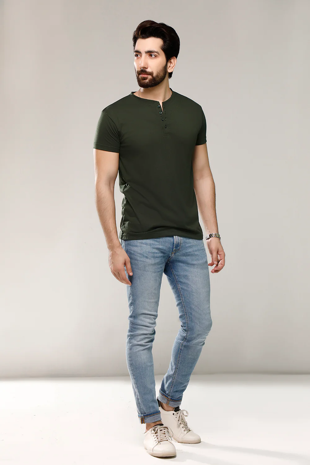 Dark Green Half Sleeves Henley - Image 3
