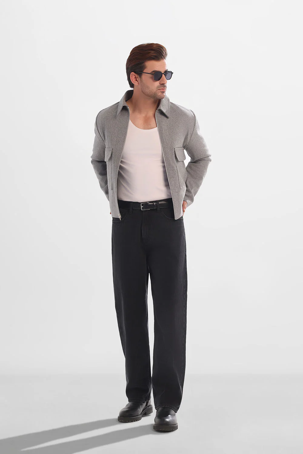 Grey Wool Cropped Fit Zipper Jacket - Image 3