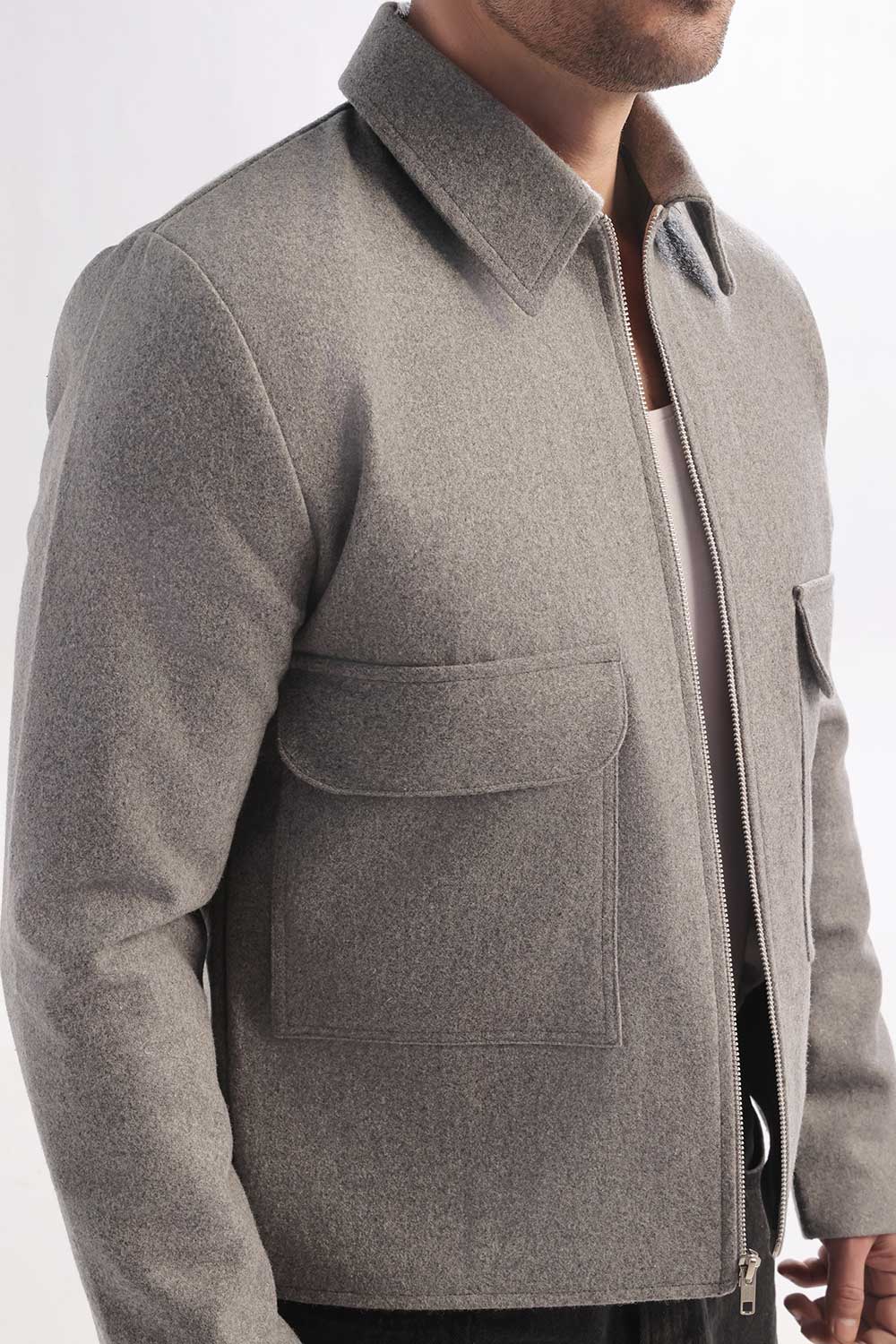 Grey Wool Cropped Fit Zipper Jacket - Image 7