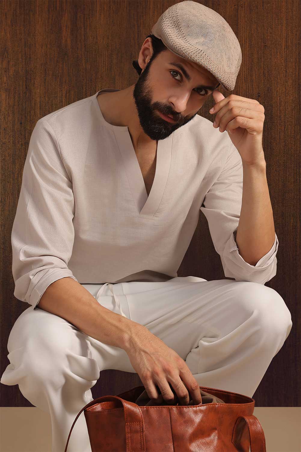 Light Beige Notched Neck Casual Linen Shirt - Image 5