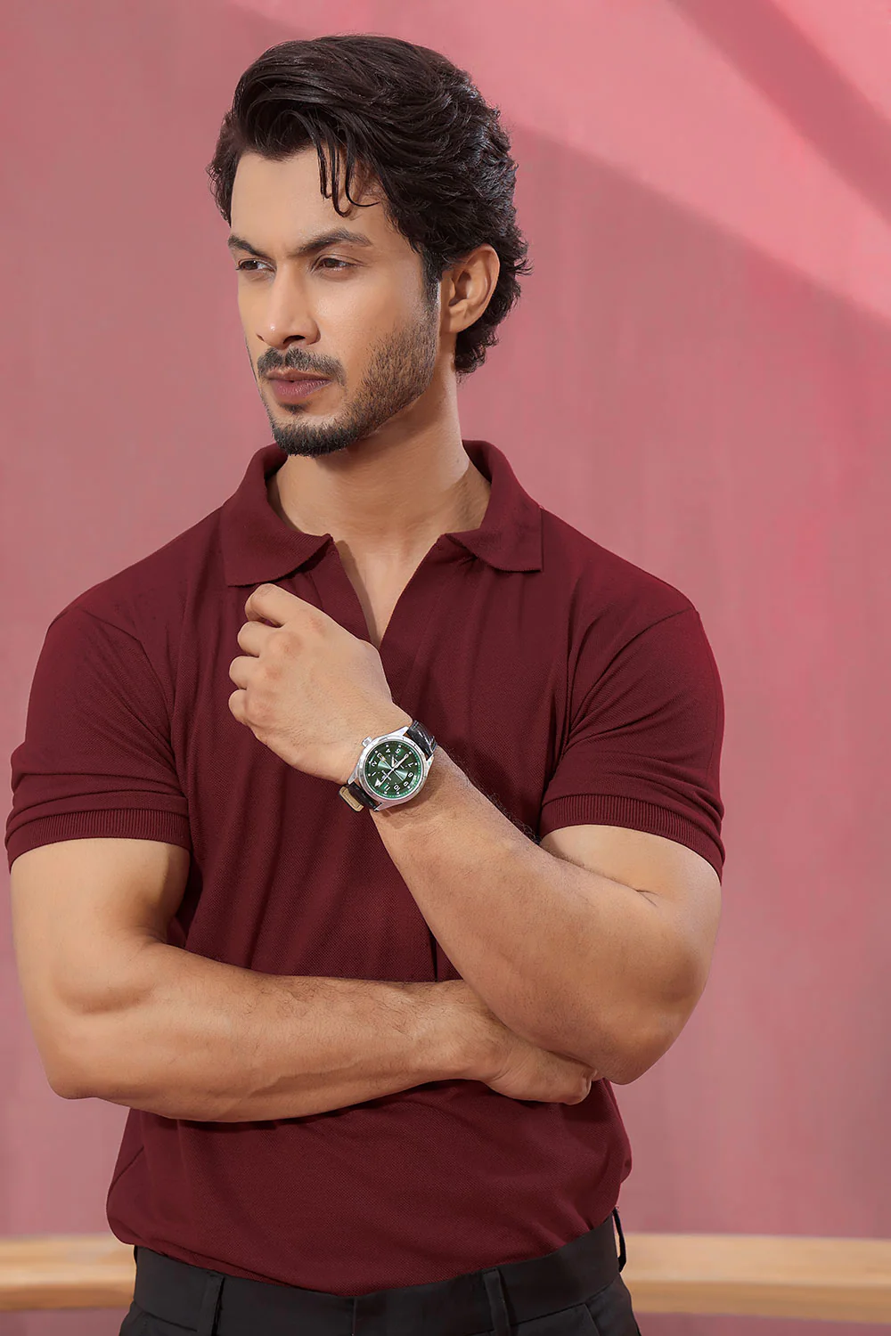 Maroon Open Collar Structured Pique Polo Shirt - Image 3