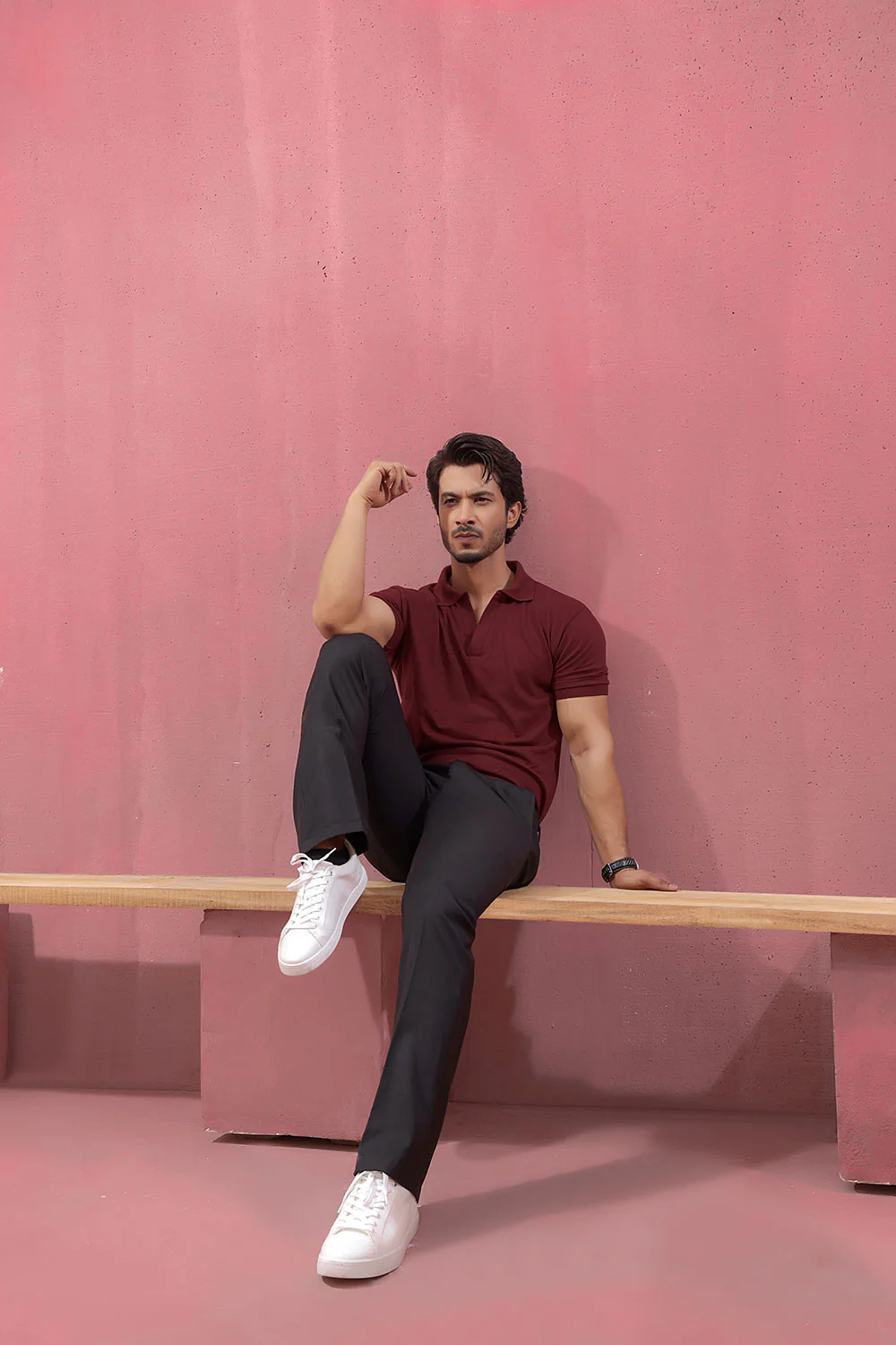 Maroon Open Collar Structured Pique Polo Shirt - Image 4