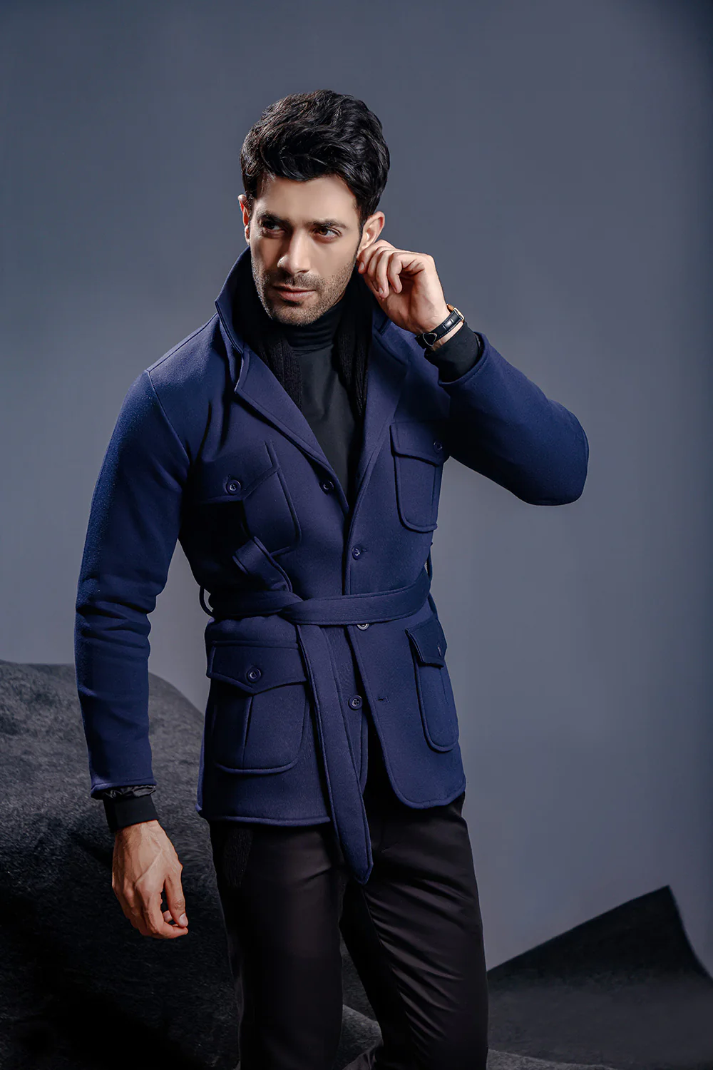 Navy Blue Belted Safari Jacket - Image 3