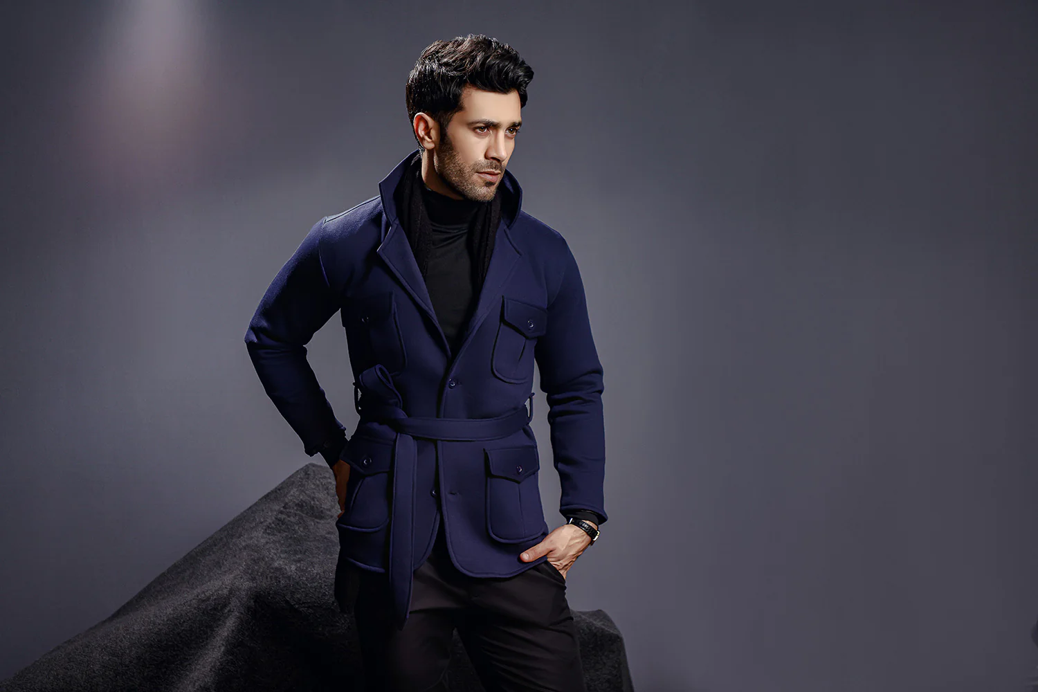 Navy Blue Belted Safari Jacket - Image 4