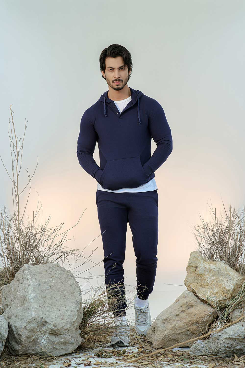 Navy Blue Button-down Pullover Henley Hoodie - Image 3