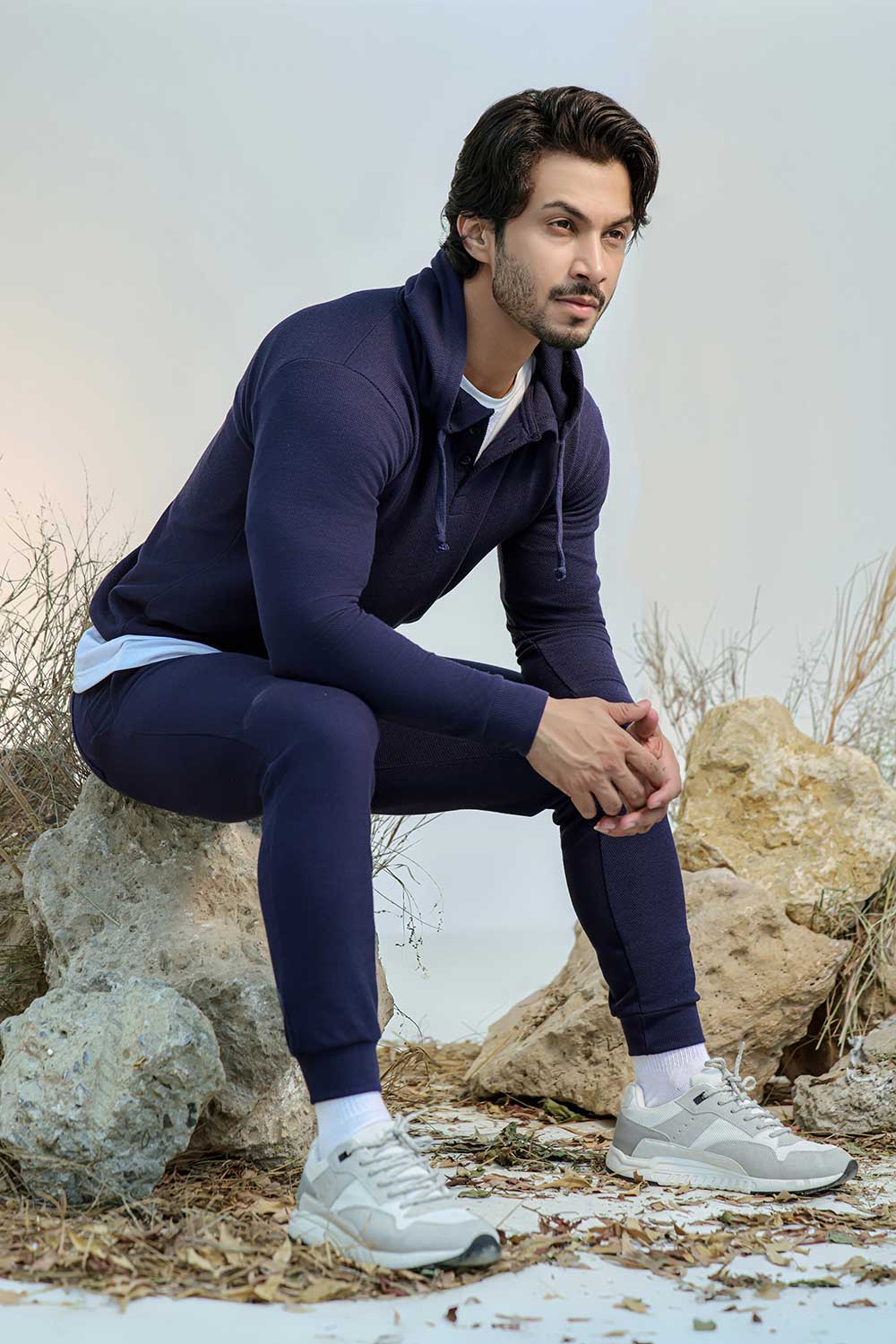 Navy Blue Button-down Pullover Henley Hoodie - Image 4