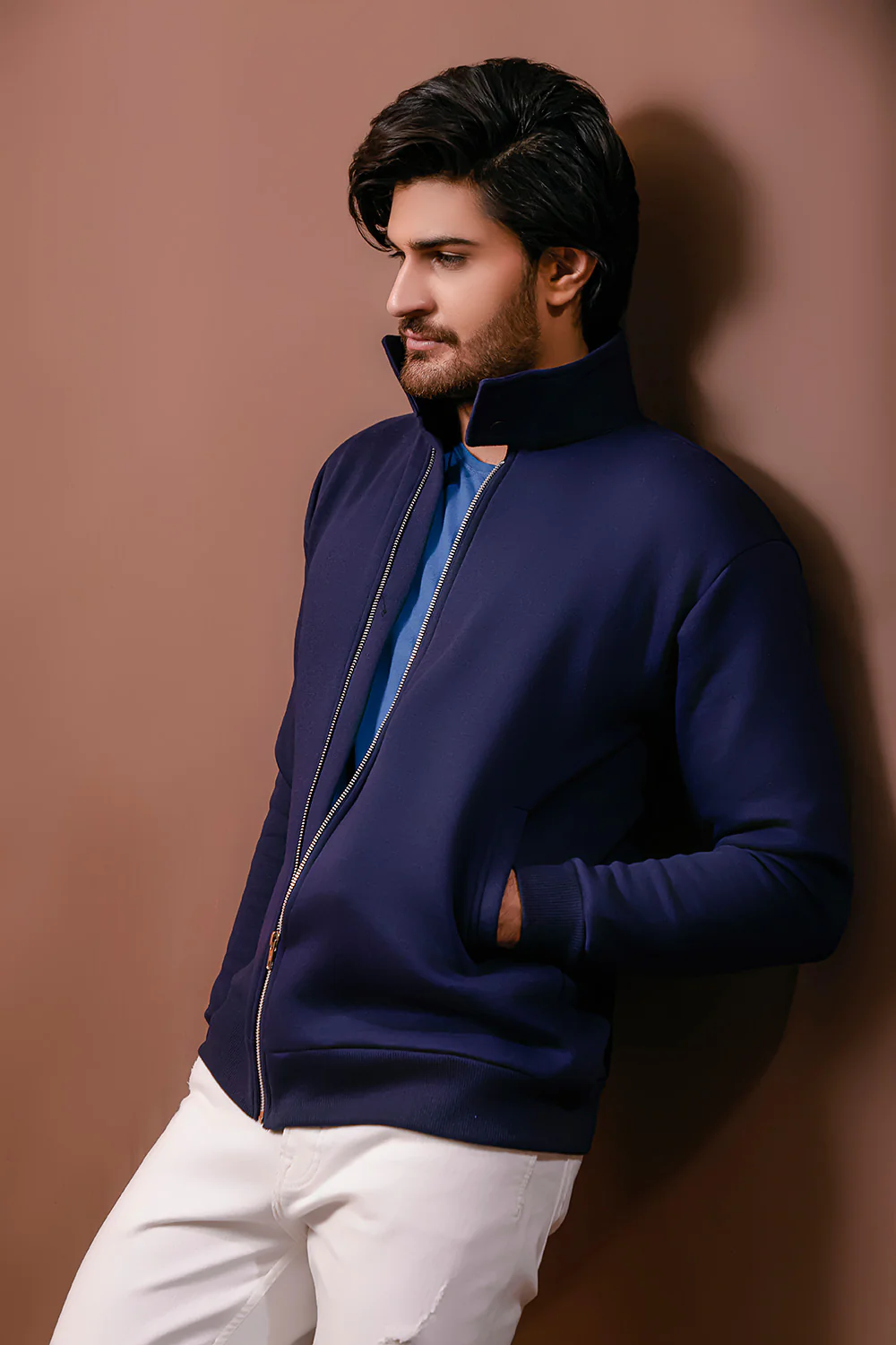 Navy Blue Harrington Jacket With Funnel Neck - Image 3