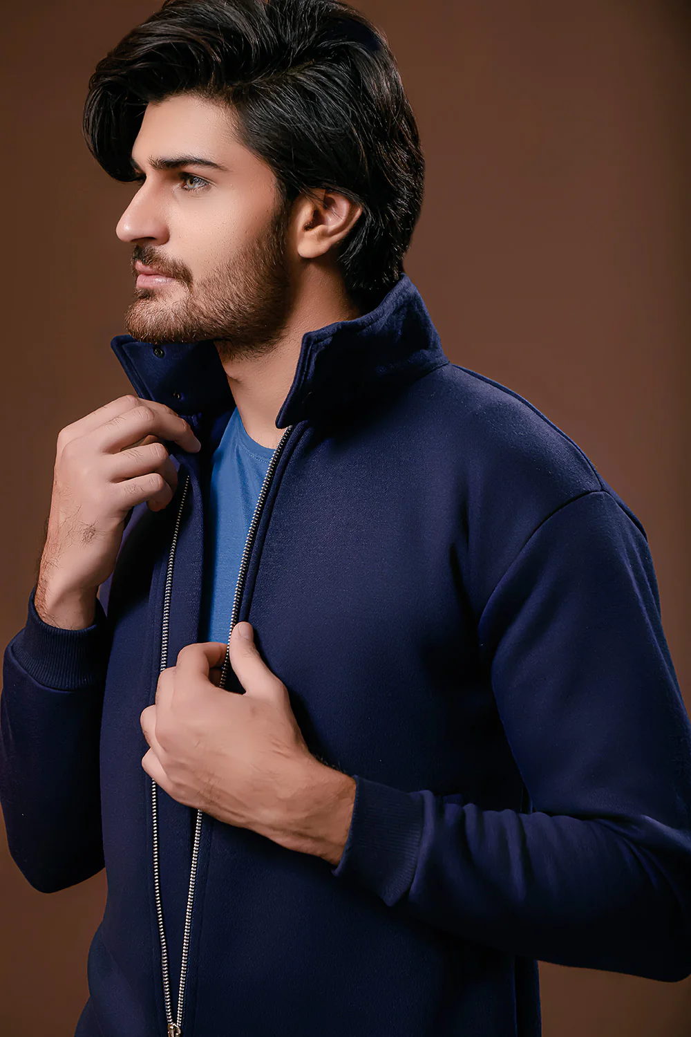 Navy Blue Harrington Jacket With Funnel Neck - Image 4