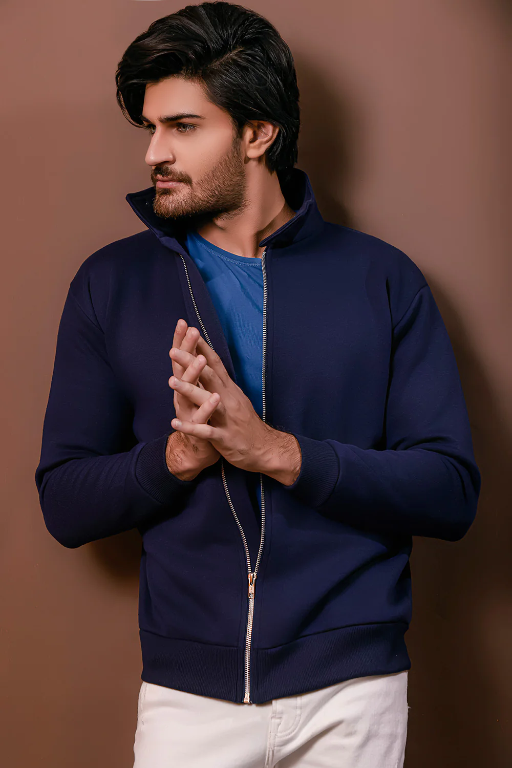 Navy Blue Harrington Jacket With Funnel Neck - Image 5