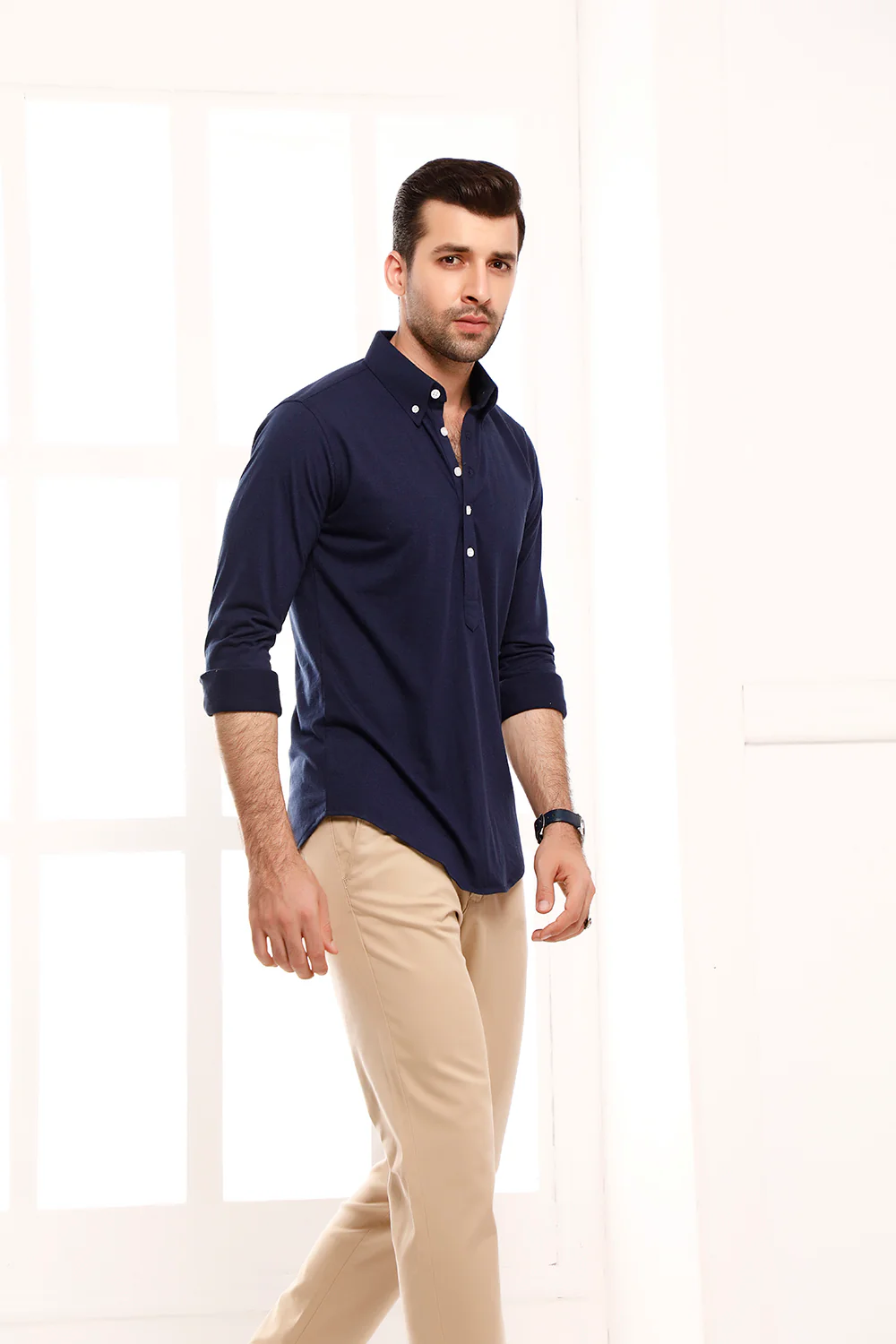 Navy Blue High Collar Mid Placket Shirt - Image 4