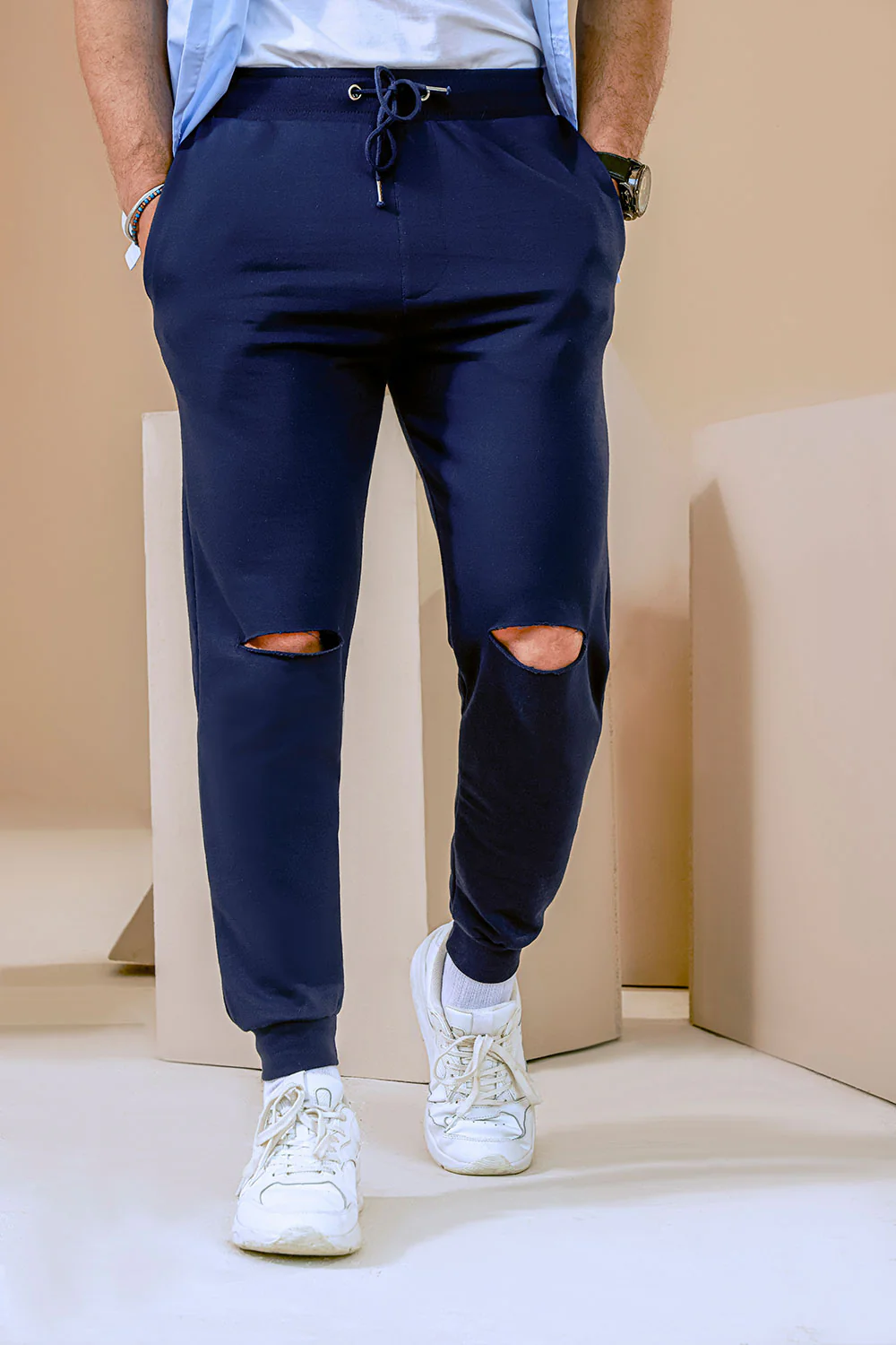 Navy Blue Jogger With Knee Rip Detail - Image 4