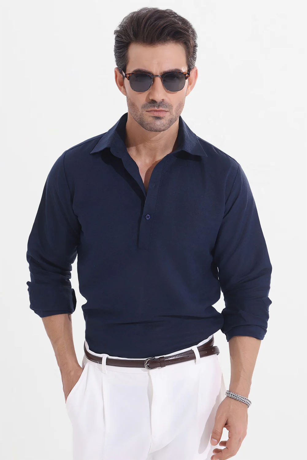 Navy Blue Linen Half Placket Shirt - Image 3