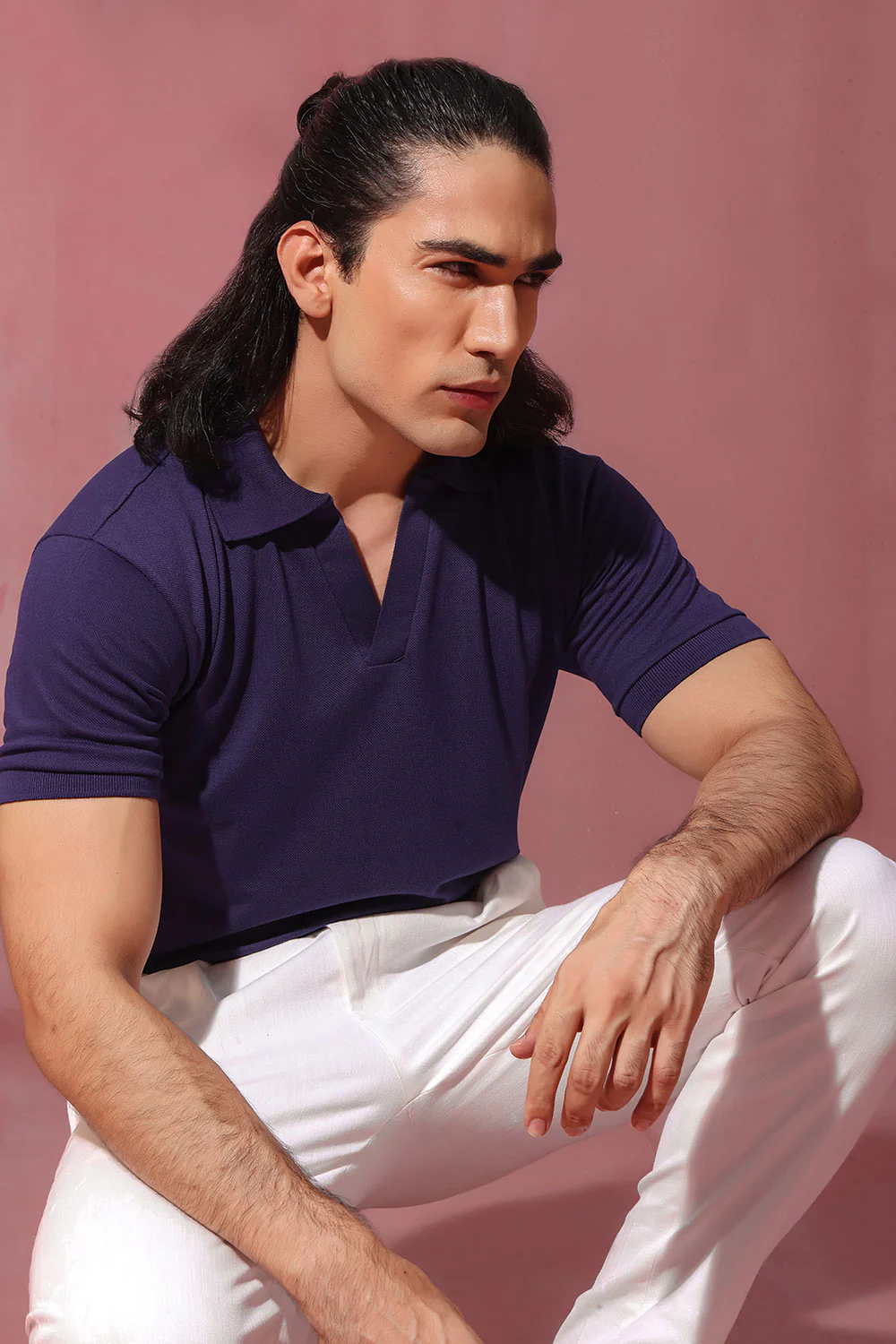 Navy Blue Open Collar Structured Pique Polo Shirt - Image 5