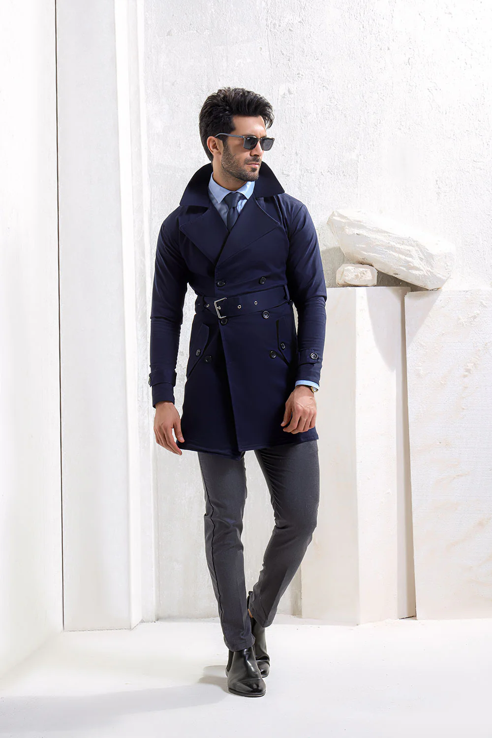 Navy Blue Twill Trench Coat - Image 3