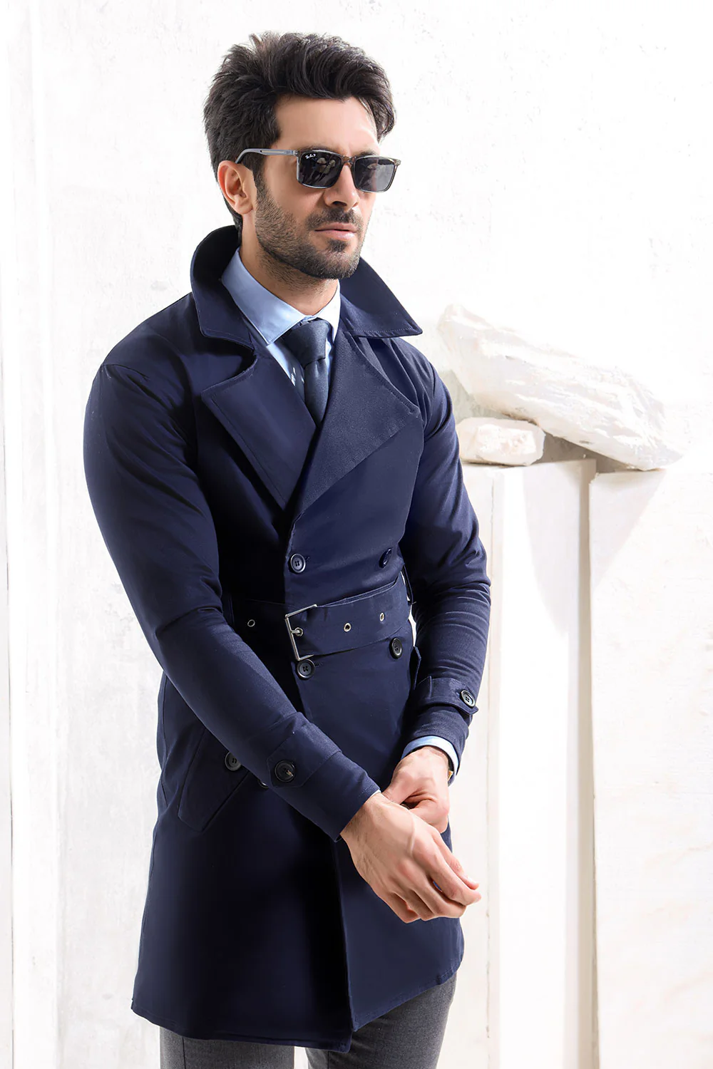 Navy Blue Twill Trench Coat - Image 4