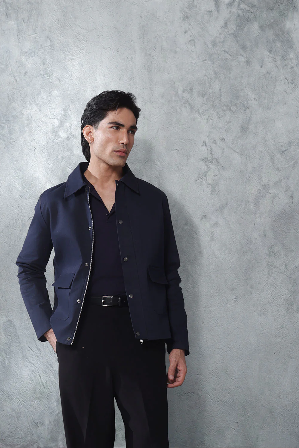 Navy Twill Regular Fit Jacket With Pockets - Image 3