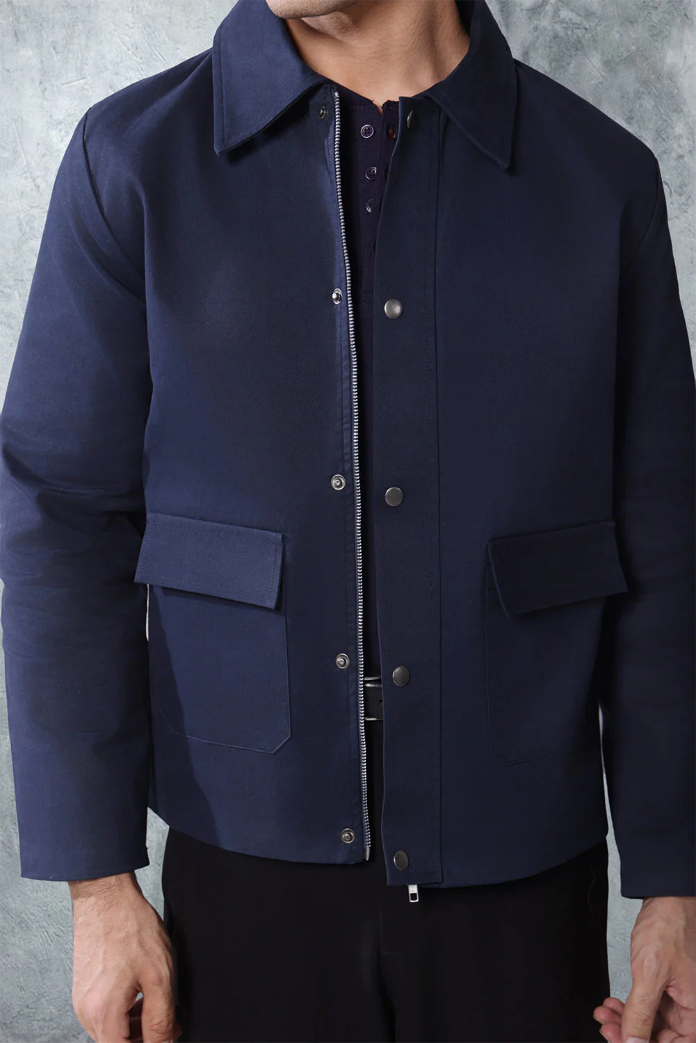 Navy Twill Regular Fit Jacket With Pockets - Image 4