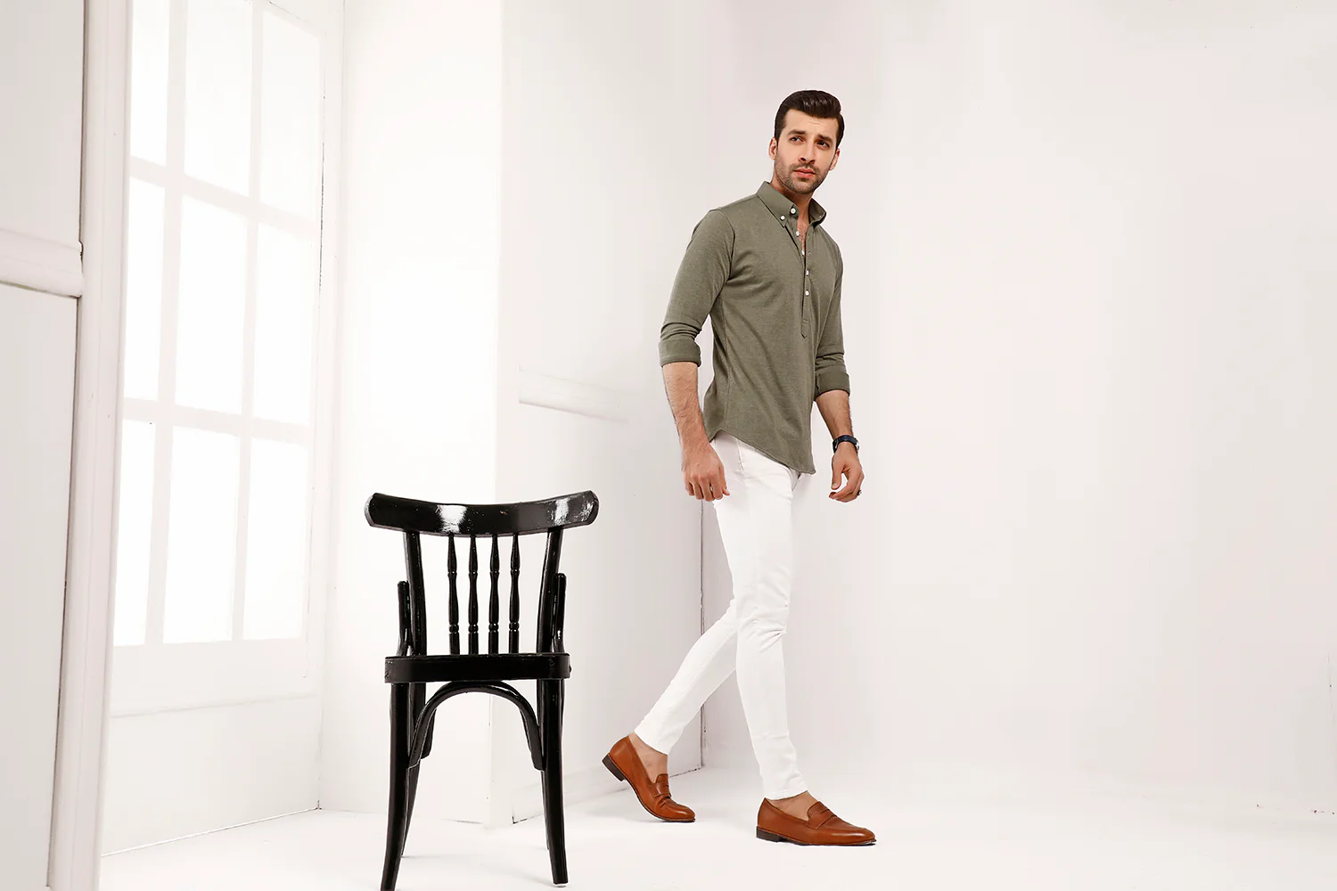 Olive High Collar Mid Placket Shirt - Image 3