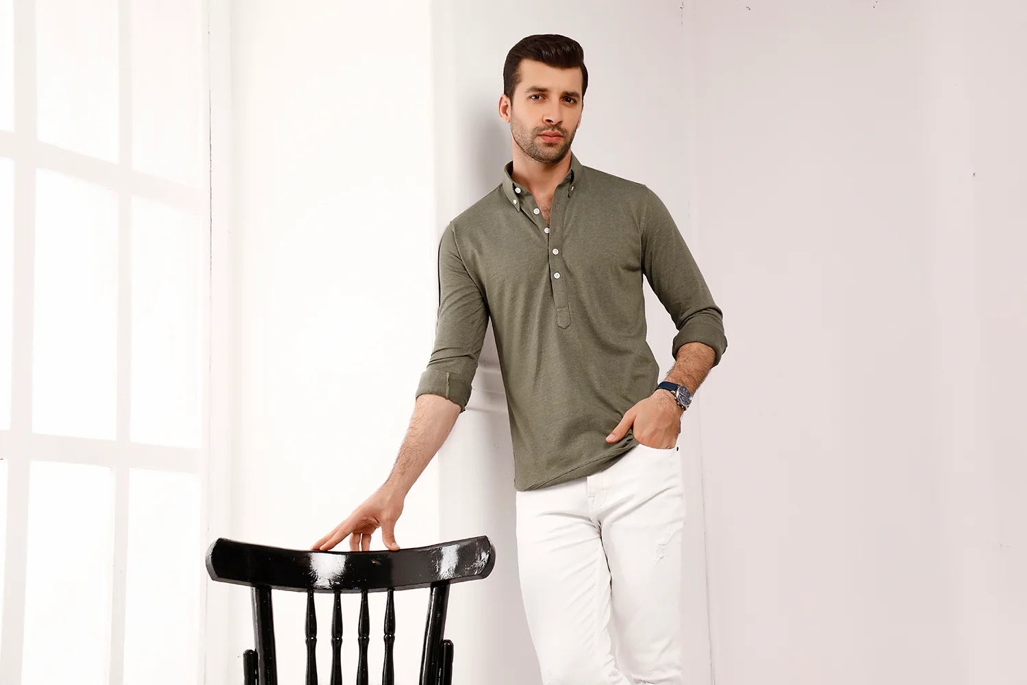 Olive High Collar Mid Placket Shirt - Image 4