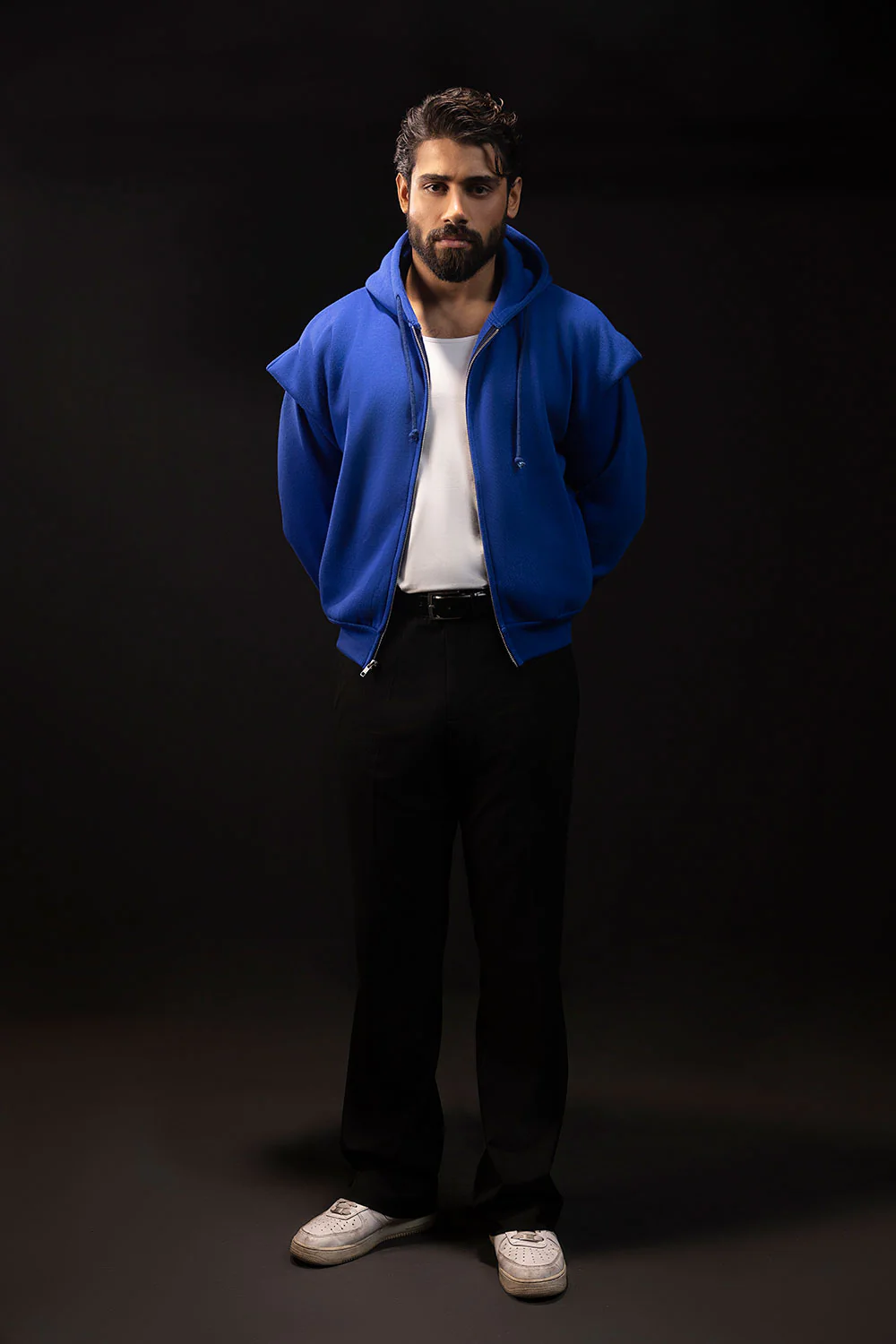 Royal Blue Cropped Pronounced Shoulder Hoodie - Image 3