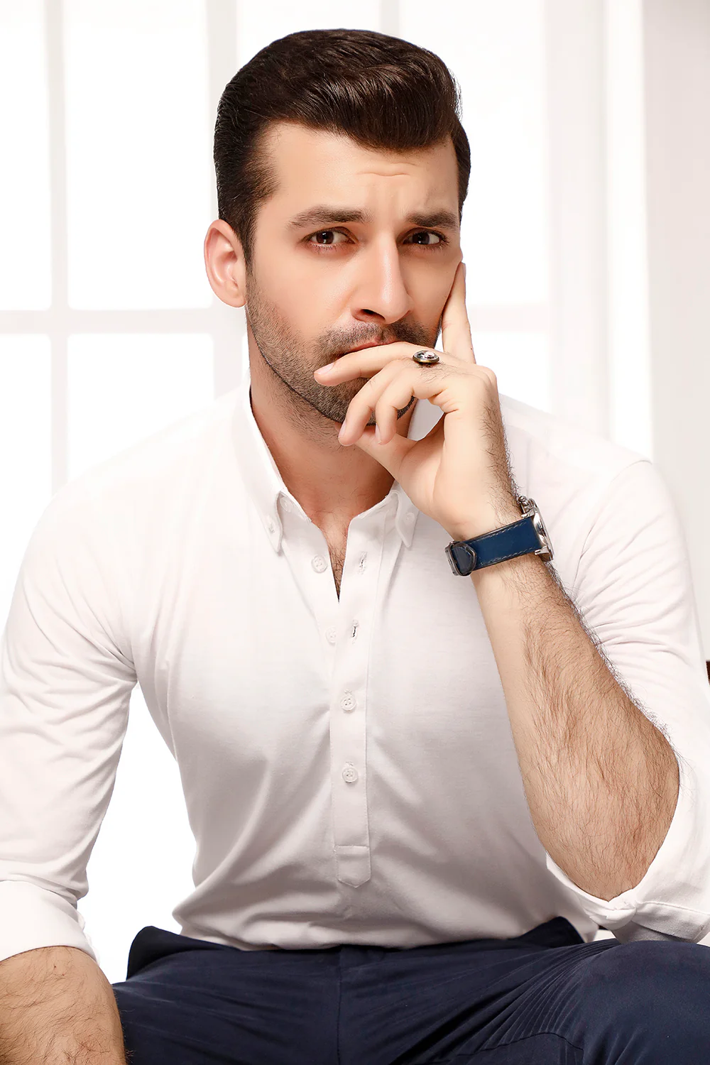 White High Collar Mid Placket Shirt - Image 3