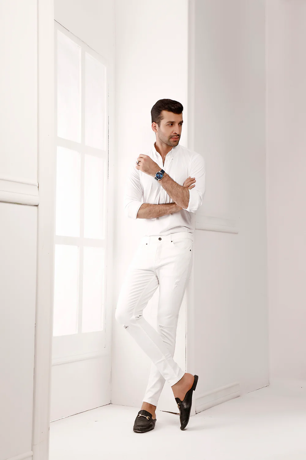 White High Collar Mid Placket Shirt - Image 4