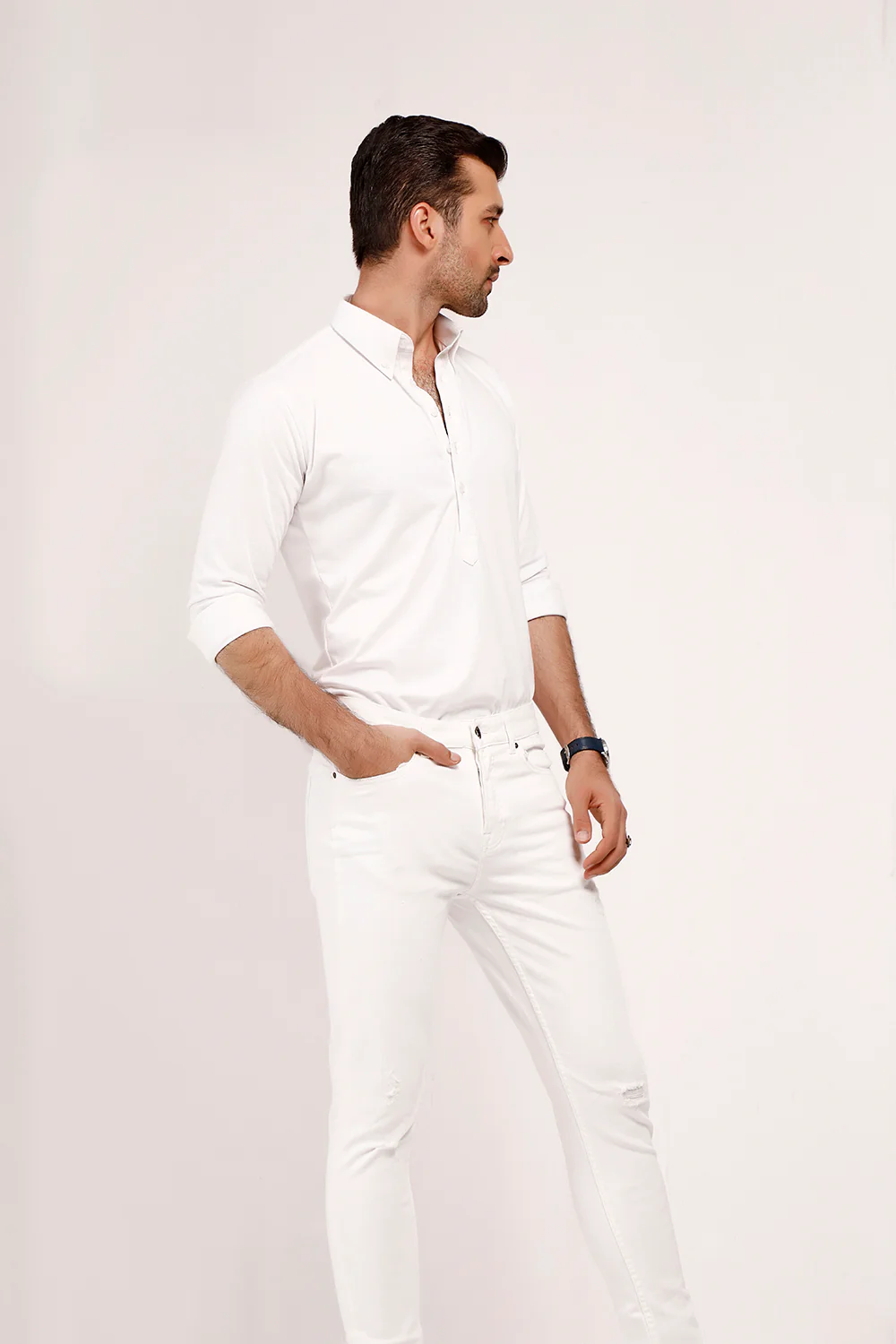 White High Collar Mid Placket Shirt - Image 5
