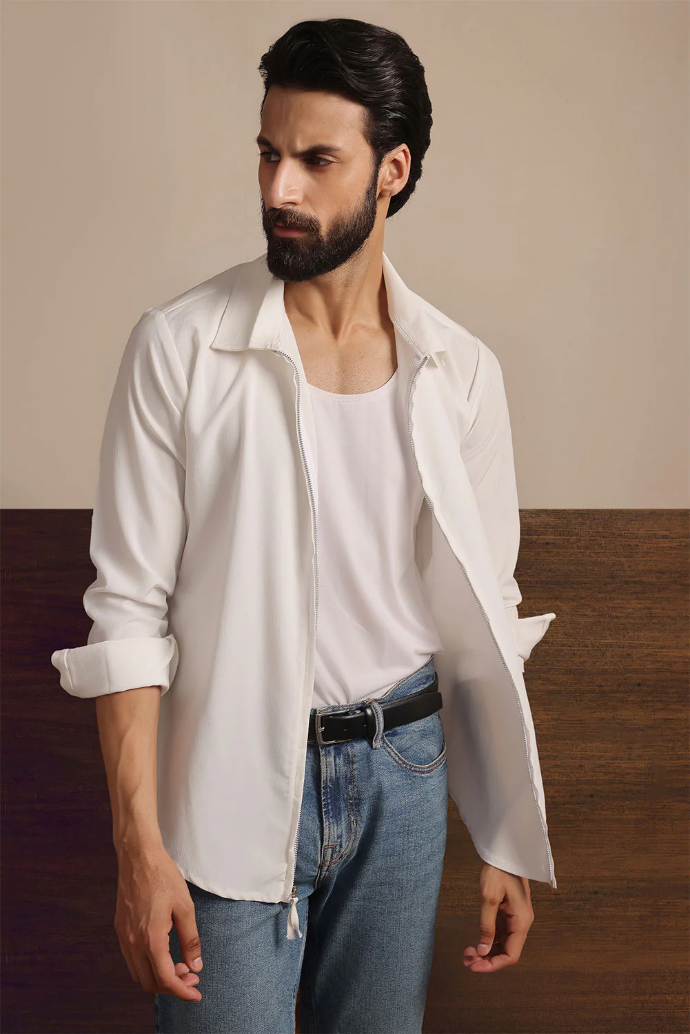 White Metro Crinkle Zip-Up Shirt - Image 3