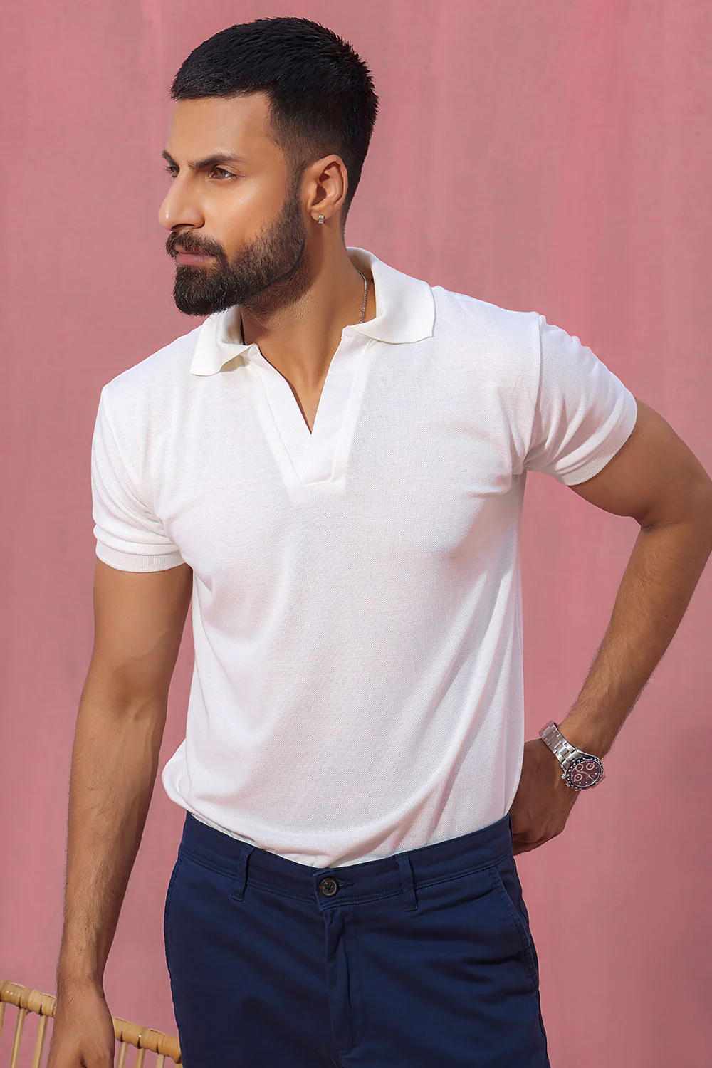 White Open Collar Structured Pique Polo Shirt - Image 4